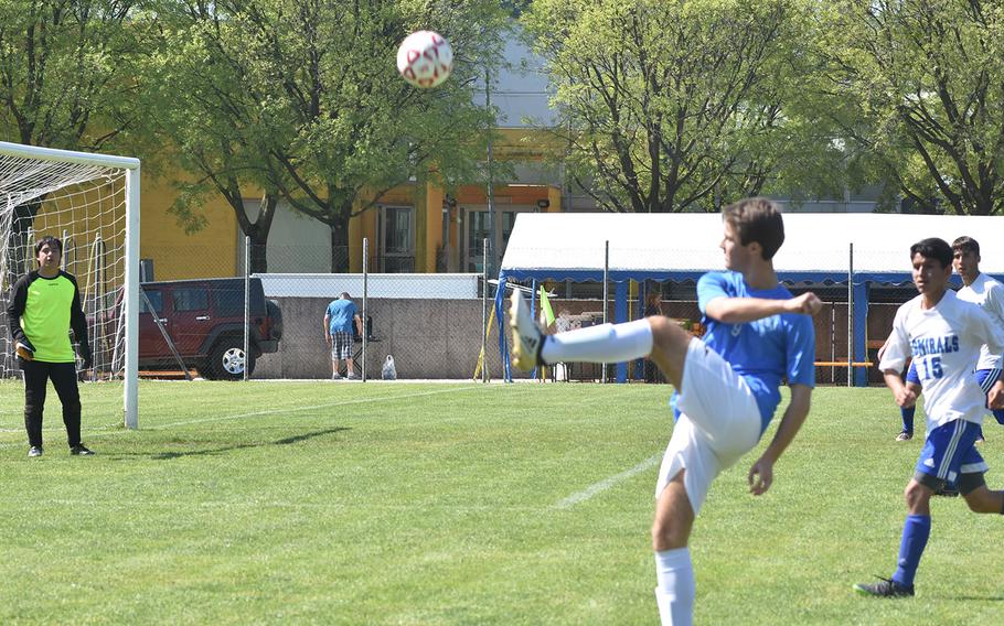 Marymount's Mario Freilino scores a goal on a kick that started with his back to the goal and ended with the ball sailing over the Rota keeper's head and into the net. Freilino scored four times in a 7-0 victory on Saturday, April 21, 2018.