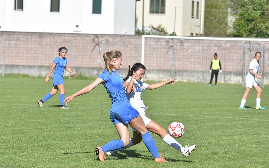 Marymount's Anna Mathiesen battles Rota's Avery Nance for the ball in the Admirals' 2-1 victory on Saturday, April 21, 2018 at Aviano, Italy.