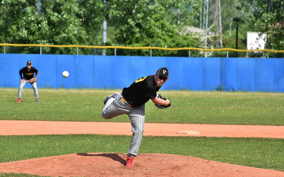 Vicenza's Brian Palmer hurls the ball toward the plate in the Cougars' 8-7 loss to Stuttgart in the first of four games in Vicenza, Italy, on Friday, April 27, 2018.