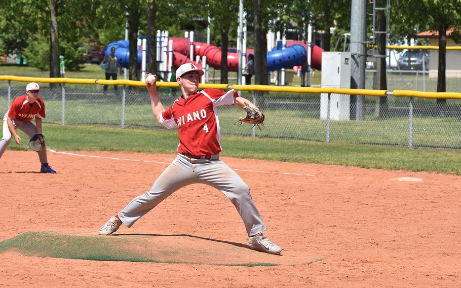 Aviano pitcher Nick Smith delivers towards home in the Saints' 6-4 loss to Spangdahlem on Saturday, May 12, 2018.