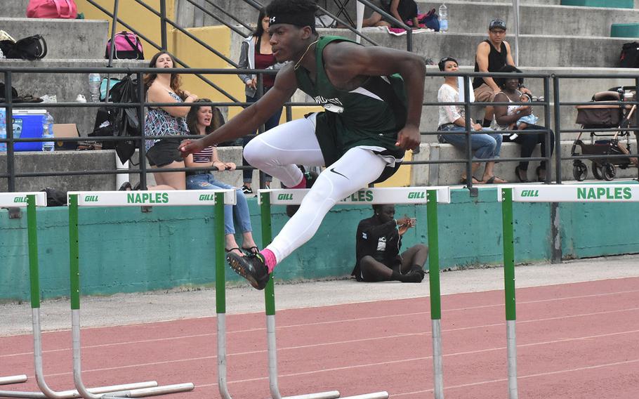 Naples' Johna Joseph wins the 110-meter hurdles by a strong margin on Saturday, May 12, 2018 at Naples Middle High School in Gricignano, Italy.