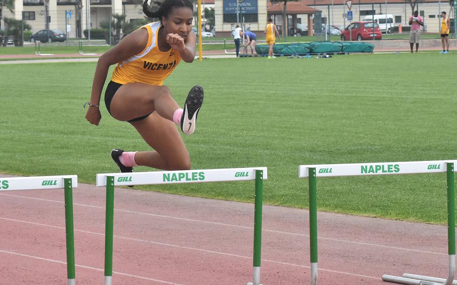 Vicenza's Brandy James cruises to a victory in the 300-meter hurdles on Saturday, May 12, 2018. James also won the 100 hurdles. 