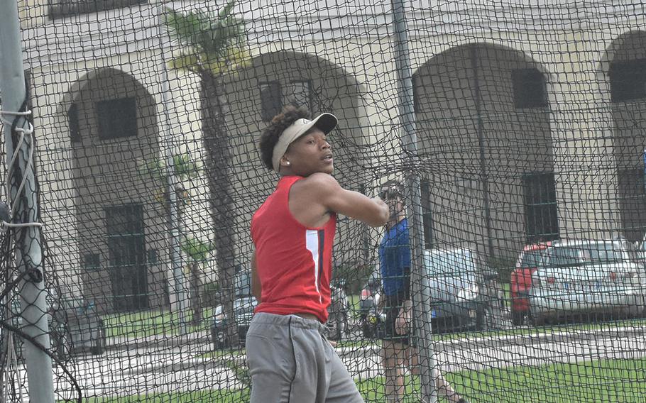 Aviano's Lamarr Daniels, a freshman, shows good form hurling the discus on Saturday, May 12, 2018 during a track meet at Naples Middle High School in Gricignano, Italy. Daniels came in third with a throw of 93 feet, 6 inches. 