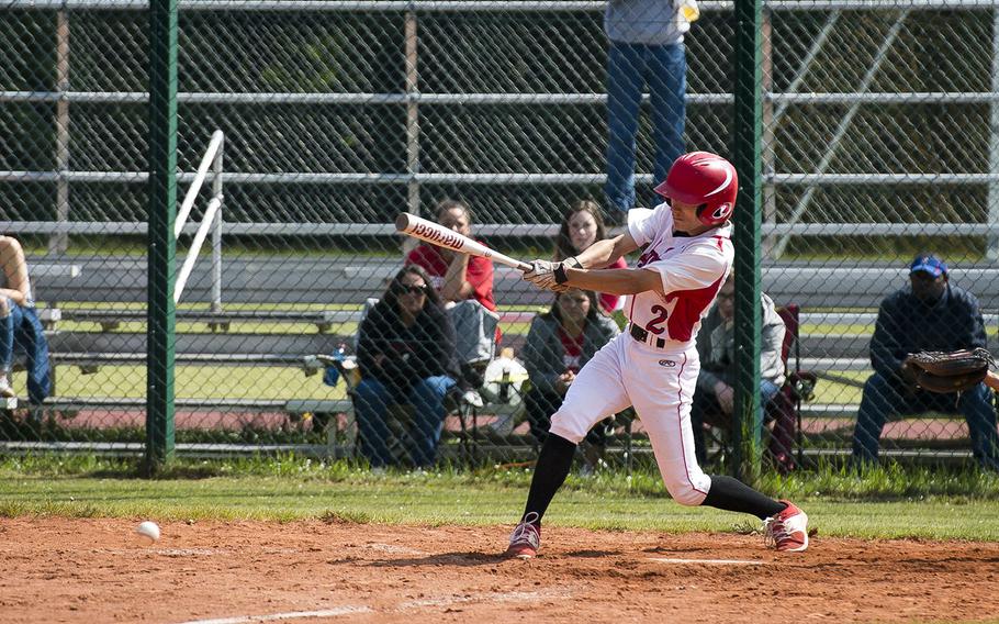 Kaiserslautern's George Stephan gets a hit during a game against Ramstein in Kaiserslautern, Germany, on Saturday, May 19, 2018.