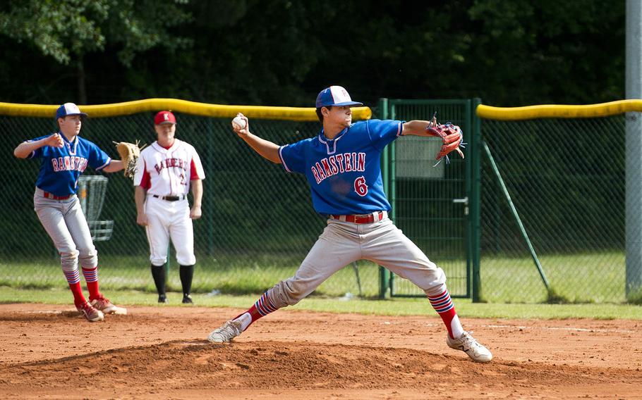 Ramstein's Kaleb Bellew pitches during a game against Kaiserslautern in Kaiserslautern, Germany, on Saturday, May 19, 2018.
