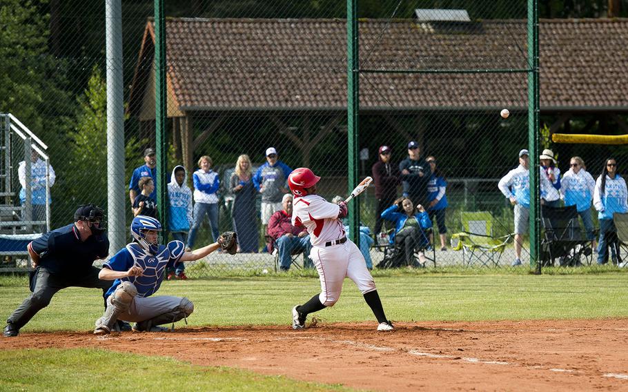 Kaiserslautern's Alexander Wells gets a hit during a game against Ramstein in Kaiserslautern, Germany, on Saturday, May 19, 2018.
