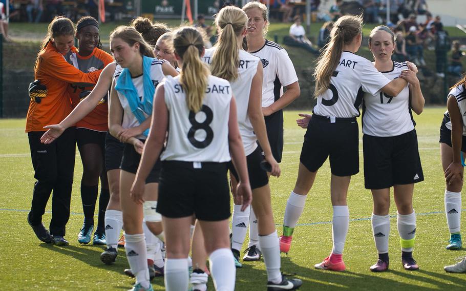Stuttgart celebrates a 3-1 victory over Naples during the DODEA-Europe Division I semifinals in Reichenbach, Germany, on Wednesday, May 23, 2018.