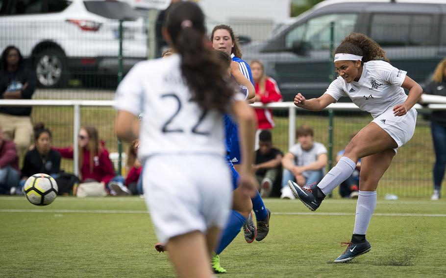 Ramstein's Brynne Beauchan takes a shot during the DODEA-Europe soccer championships in Reichenbach, Germany, on Wednesday, May 23, 2018. Ramstein won the Division I semifinal match against Wiesbaden 3-1.
