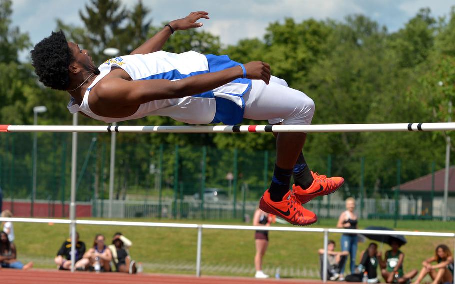 Wiesbaden's Markez Middlebrooks jumped 6 feet, 1 inch, to win the boys high jump competition at the DODEA-Europe track and field championships in Kaiserslautern, Germany, Friday, May 25, 2018. He was the only jumper to clear the height.





