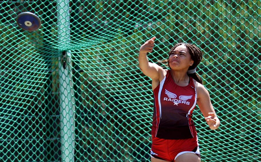 Kaiserslautern's Mercedes Durden took the girls 2018 DODEA-Europe discus crown with a throw of 100 feet at the championships in Kaiserslautern, Germany, Friday, May 25.