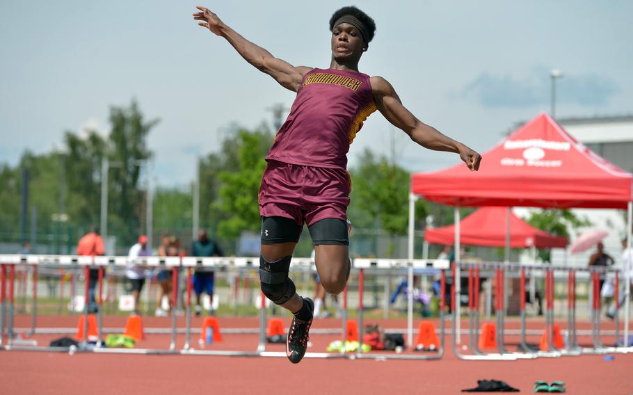 Baumholder's Nathaniel Horton won the boys long jump completion at the DODEA-Europe track and field championships for the third year in a row with a leap of 21-07.50.