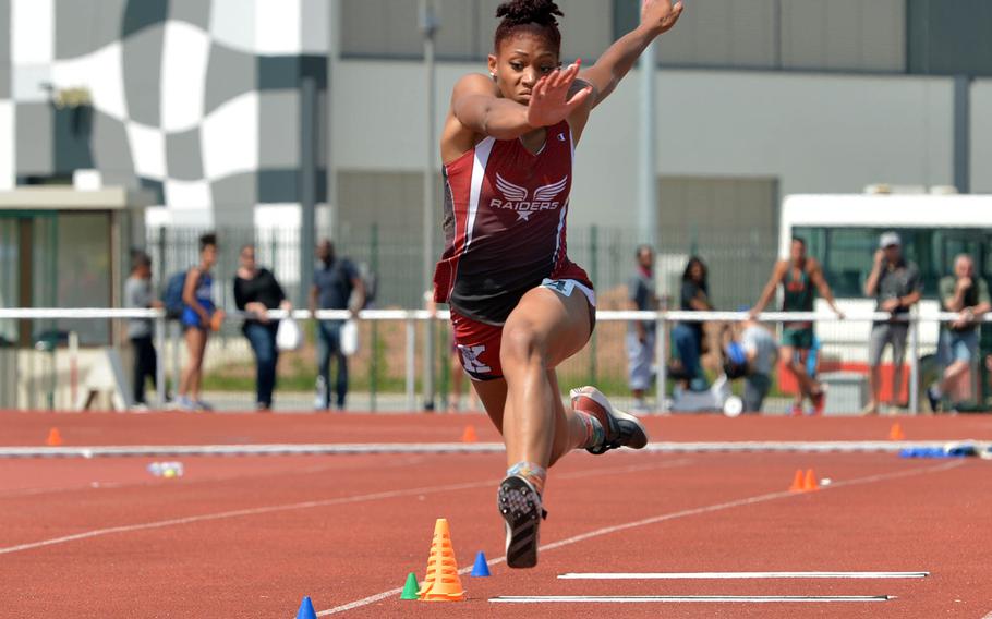 Kaiserslautern's Jada Branch repeated as the girls triple jump champion at the European finals, with a leap of 39 feet, 6 inches, breaking her own DODEA-Europe record.