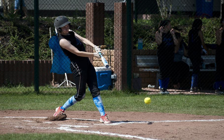 Hohenfels' Isabella Williams hits the ball during the DODEA-Europe softball tournament at Ramstein Air Base, Germany, on Friday, May 25, 2018. Hohenfels won the Division II/III game against Alconbury 16-3.
