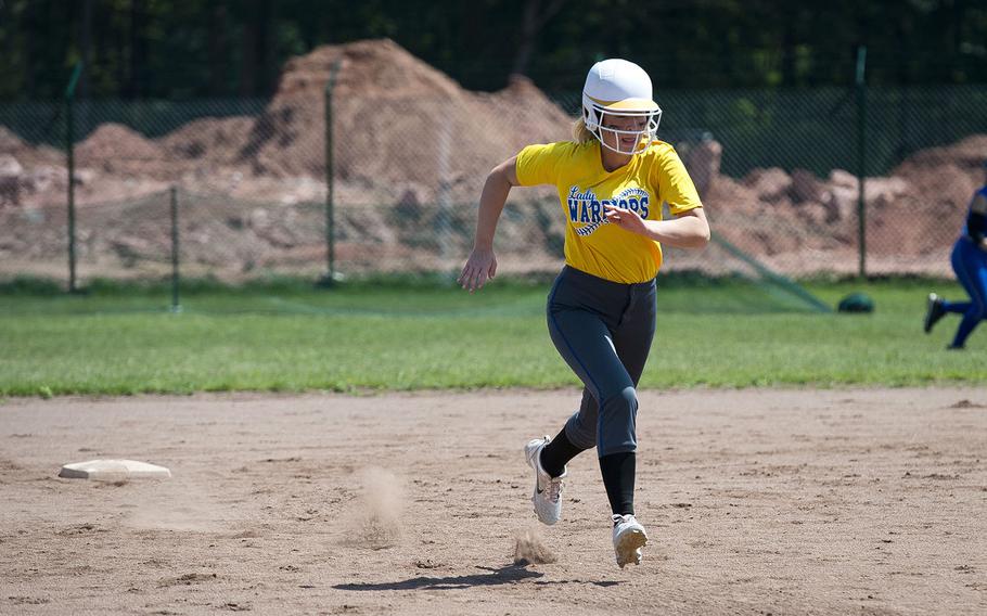 Wiesbaden's Thea Lehne-Carabgial runs to third during the DODEA-Europe softball tournament in Kaiserslautern, Germany, on Friday, May 25, 2018.
