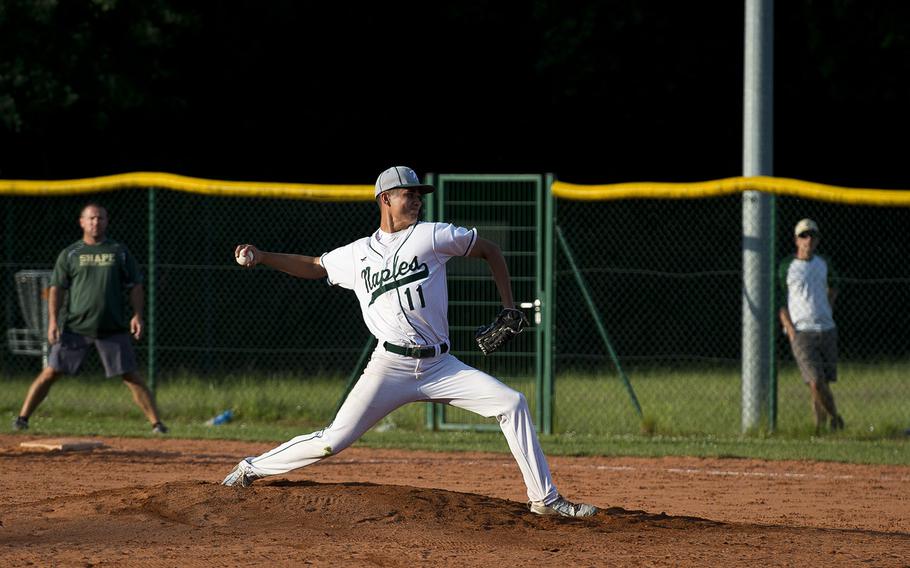 Naples' Omar Lopez pitches during the DODEA-Europe baseball tournament in Kaiserslautern, Germany, on Friday, May 25, 2018.
