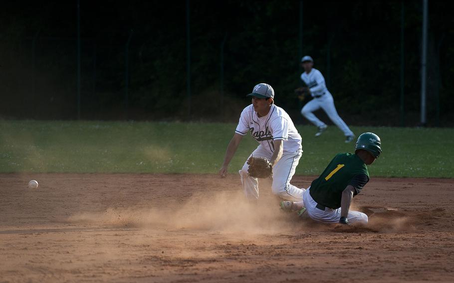 SHAPE's Jevon Wong, right, slides in safe at second ahead of a throw to Naples' Gabriel Quejada during the DODEA-Europe baseball tournament in Kaiserslautern, Germany, on Friday, May 25, 2018.
