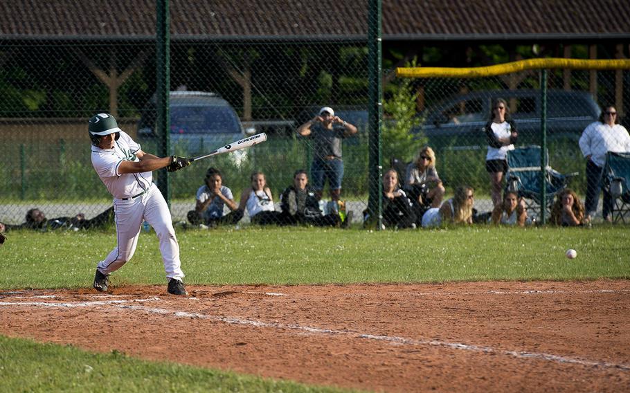 Naples' Zane Miagany hits the ball during the DODEA-Europe baseball tournament in Kaiserslautern, Germany, on Friday, May 25, 2018. Naples won the Division I game against SHAPE 8-5.
