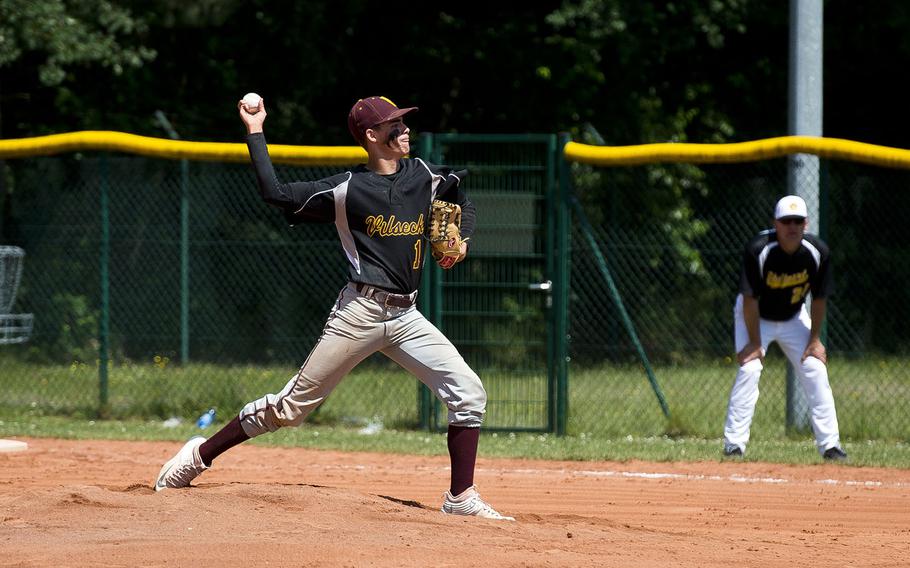Vilseck's Isaiah Hernandez pitches the ball during the DODEA-Europe baseball tournament in Kaiserslautern, Germany, on Friday, May 25, 2018. 
