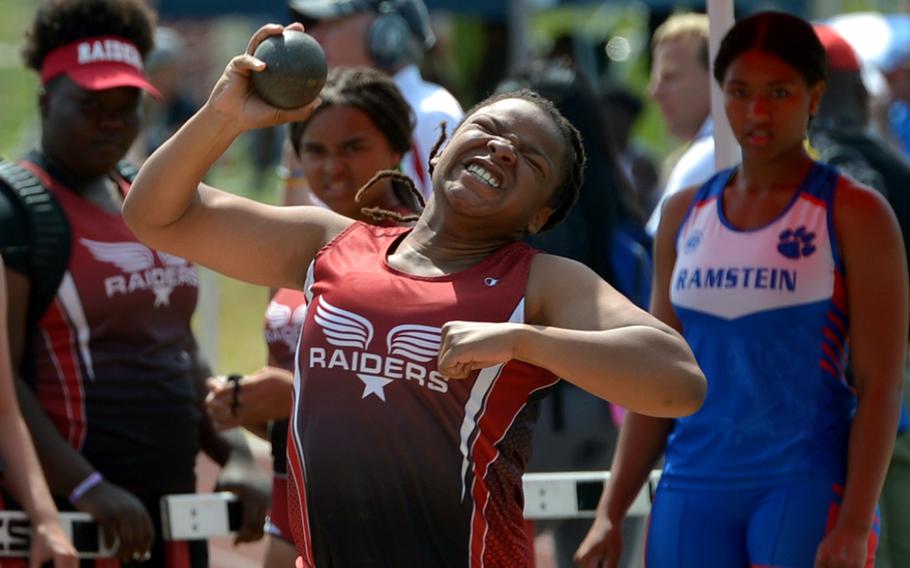 Kaiserslautern's Zhane Williams took gold in the girls shot put event at the DODEA-Europe track and field championships with a throw of 32 feet, 11.50 inches.