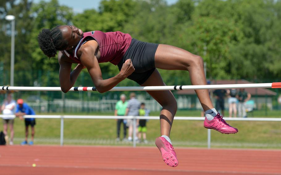 Vilseck's Tynniesia Wilson won the girls high jump competition at the DODEA-Europe track and field championships, with a leap of 5 feet, 5 inches, tying the DODEA-E record.



