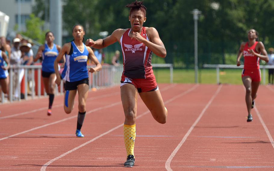 Jada Branch reacts after setting a new DODEA-Europe record in the 400-meter race at the European championships. She finished in 57.28 seconds, breaking the record set in 2000 by Christina McDuffie of Hohenfels.  