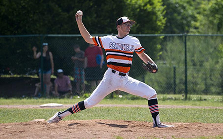 Spangdhalem's Max Little pitches during the DODEA-Europe Division II/III baseball championship at Ramstein Air Base, Germany, on Saturday, May 26, 2018.