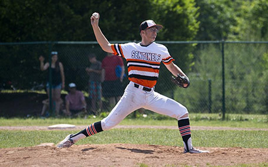 Spangdhalem's Max Little pitches during the DODEA-Europe Division II/III baseball championship at Ramstein Air Base, Germany, on Saturday, May 26, 2018.
