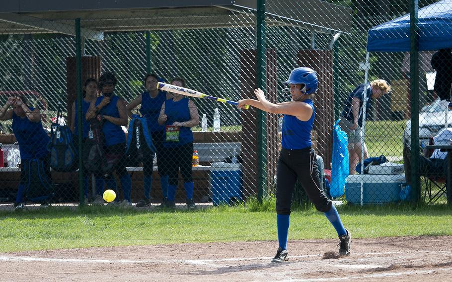 Hohenfels' Janice Williams hits the ball during the DODEA-Europe Division II/III softball championship at Ramstein Air Base, Germany, on Saturday, May 26, 2018.
