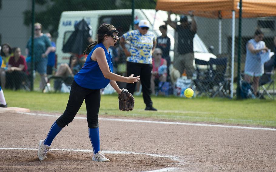 Hohenfels' Hailee Mezzacapo pitches during the DODEA-Europe Division II/III softball championship at Ramstein Air Base, Germany, on Saturday, May 26, 2018.
