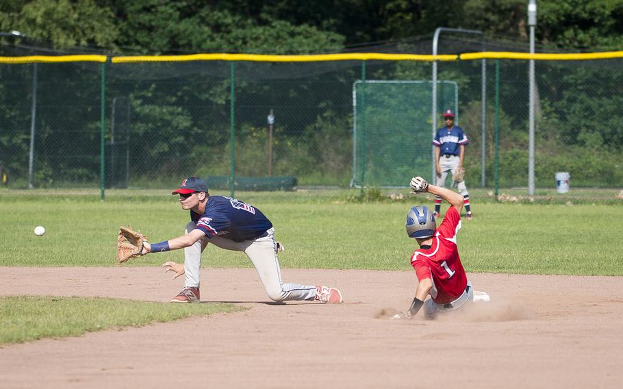 Kaiserslautern's Ronin Sherman, right, slides in to second ahead of a throw to Lakenheath's Michael Nighbert during the DODEA-Europe Division I baseball championship at Ramstein Air Base, Germany, on Saturday, May 26, 2018.
