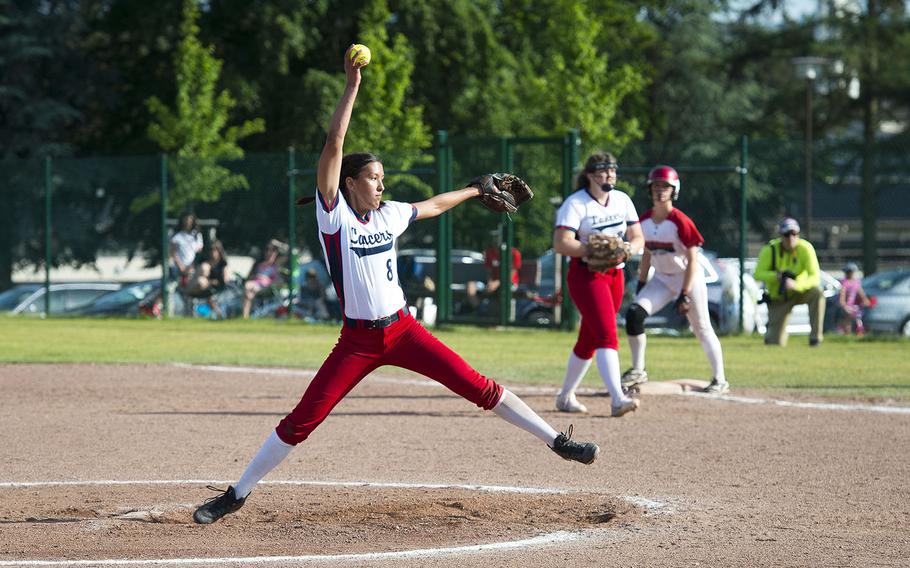 Lakenheath's Victoria Herndon pitches during the DODEA-Europe Division I softball championship at Ramstein Air Base, Germany, on Saturday, May 26, 2018.
