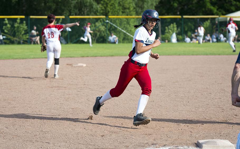 Lakenheath's Victoria Herndon runs to third during the DODEA-Europe Division I softball championship at Ramstein Air Base, Germany, on Saturday, May 26, 2018.
