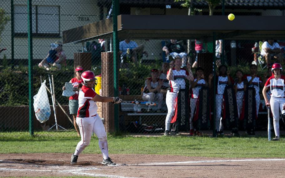 Kaiserslautern's Marianna Conklin hits the ball during the DODEA-Europe Division I softball championship at Ramstein Air Base, Germany, on Saturday, May 26, 2018. Kaiserslautern defeated Lakenheath 10-9 to win the title.
