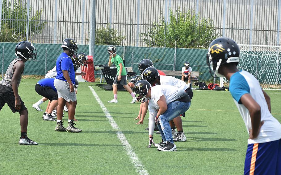 The Vicenza Cougars line up during a recent football practice at Caserma Ederle, Italy.