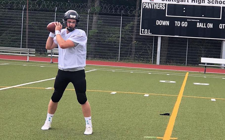 Stuttgart's Jackson Zimmerman takes snaps at quarterback in a Panther practice session at Stuttgart High School. The defending champions are looking to replace starters at several key positions. 