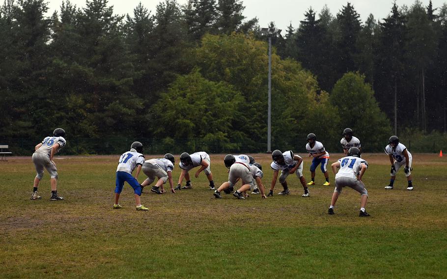 The Hohenfels Tigers practicie in the rain on Friday, Aug. 24, 2018.
