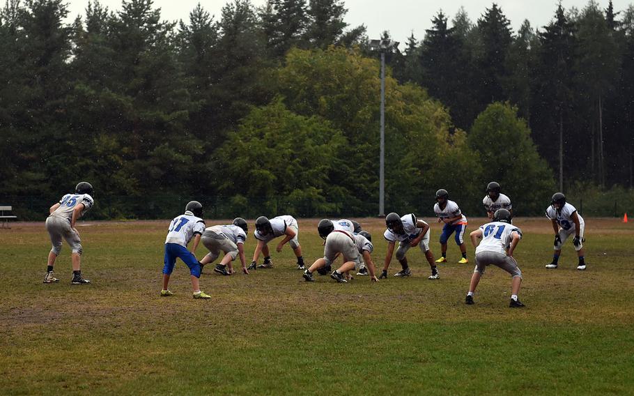 The Hohenfels Tigers practicie in the rain on Friday, Aug. 24, 2018. 