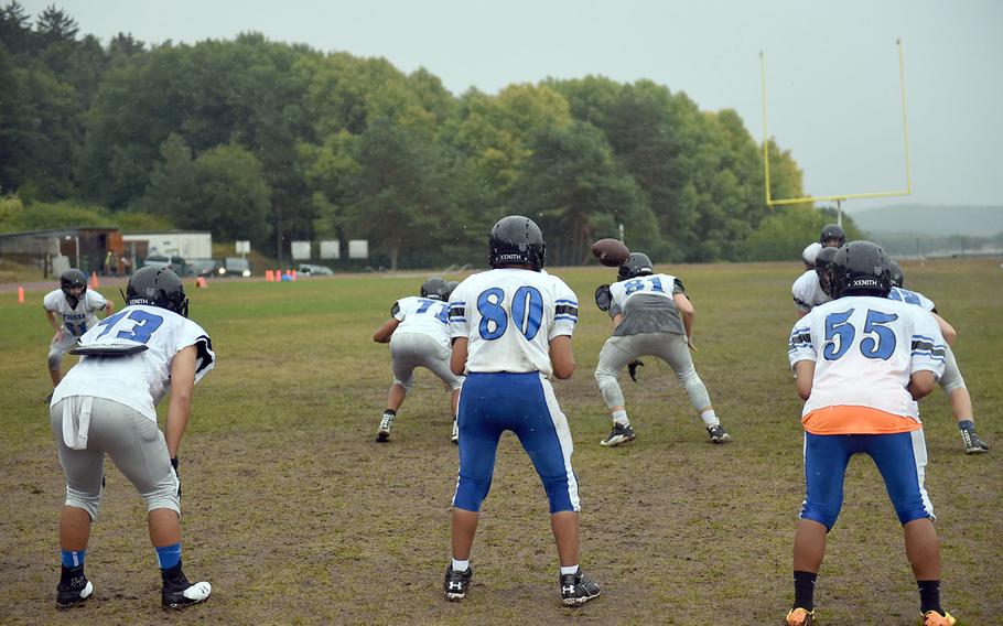 The Hohenfels Tigers practice offensive plays on Friday, Aug. 24, 2018. 