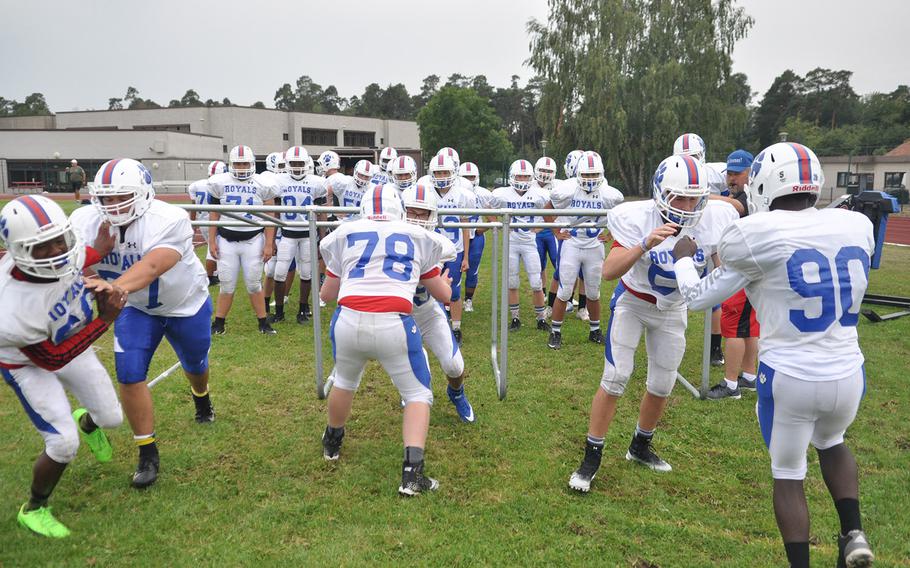 Ramstein Royals players run through contact drills at a preseason practice at Ramstein Air Base, Germany. The Royals have 11 returning players back from a team that reached the European championship game in 2017. 