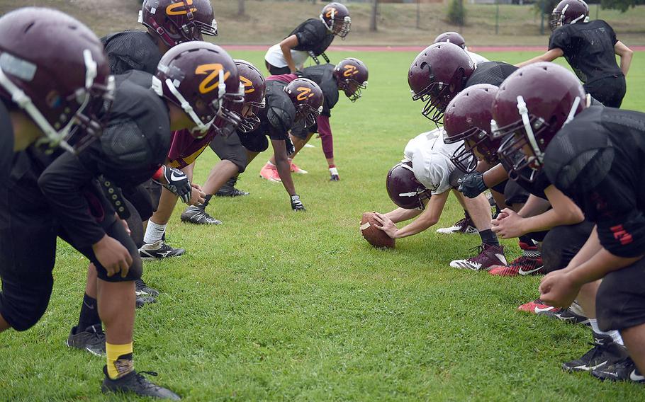 The Vilseck Falcons face off during practice, Friday, Aug. 31, 2018, at Vilseck, Germany. 
