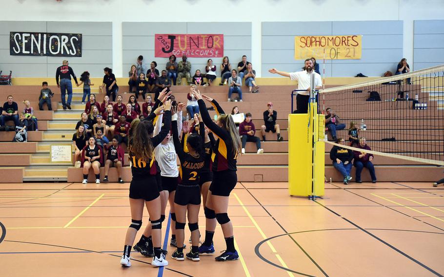 The Vilseck Falcons celebrate after a kill during a game at Vilseck, Germany, Saturday, Sept. 15, 2018. 