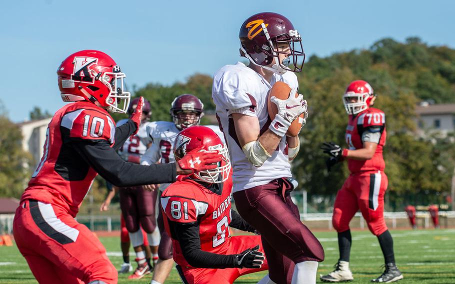 Christian Brashears catches a touchdown pass during the Kaiserslautern vs. Vilseck high school football game in Kaiserslautern, Germany, Saturday Sept. 29, 2018.  Kaiserslautern won the game 26-20
