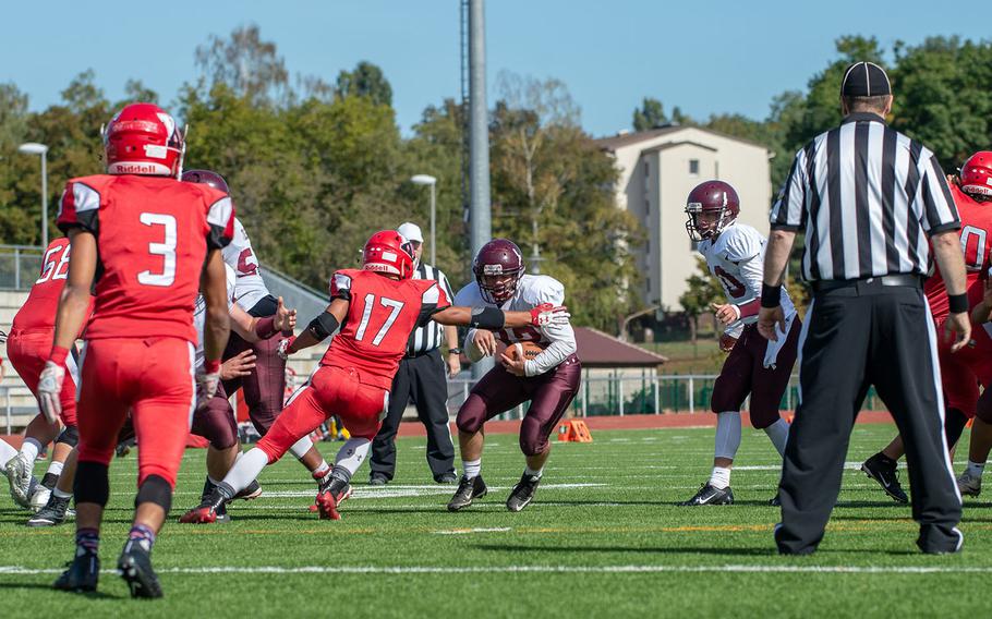 Jordan Leighty finds an opening during the Kaiserslautern vs. Vilseck high school football game in Kaiserslautern, Germany, Saturday Sept. 29, 2018.  Kaiserslautern won the game 26-20
