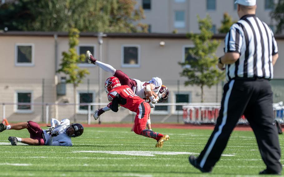 Christian Brashears is tackled during the Kaiserslautern vs. Vilseck high school football game in Kaiserslautern, Germany, Saturday Sept. 29, 2018.  Kaiserslautern won the game 26-20.