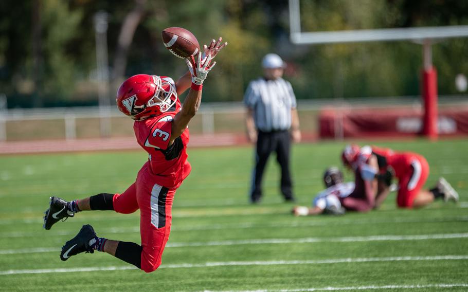 Solo Turgeon just misses a catch during the Kaiserslautern vs. Vilseck high school football game in Kaiserslautern, Germany, Saturday Sept. 29, 2018.  Kaiserslautern won the game 26-20.
