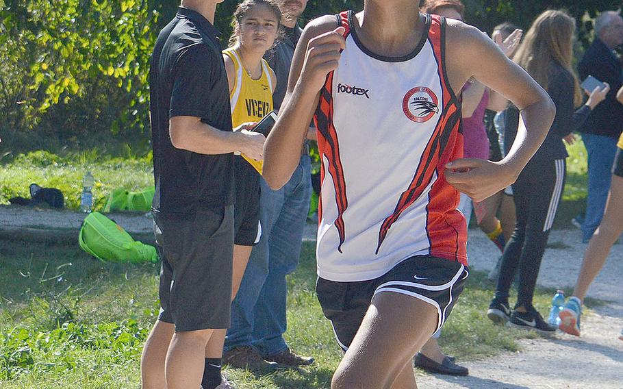 William Davis from American Overseas School of Rome crosses the finish line at a 5-kilometer race that took place at Lago Di Fimon, Vicenza, Italy, Saturday, Sept. 29. He finished in second in a time of 17 minutes and 50 seconds.