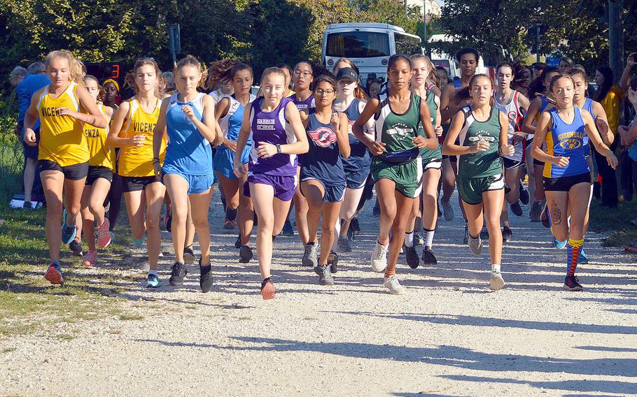 High school girls from seven American high schools from Italy and Bahrain competed in a cross country 5-kilometer race that took place at Lago Di Fimon, Vicenza, Italy, Saturday, Sept. 29. 