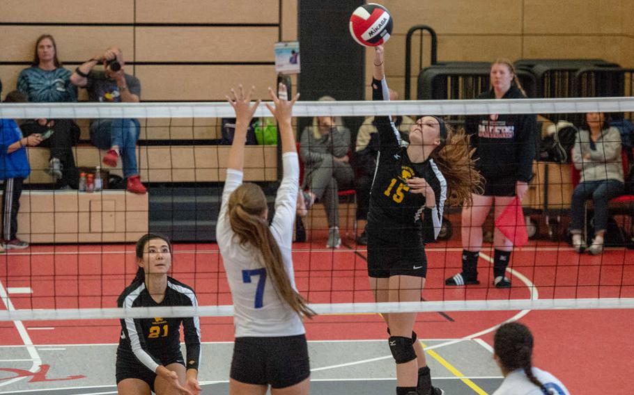 Geneva Barriger of Stuttgart hits it over the net during a game against Brussels, Saturday, Sept. 29, 2018. 