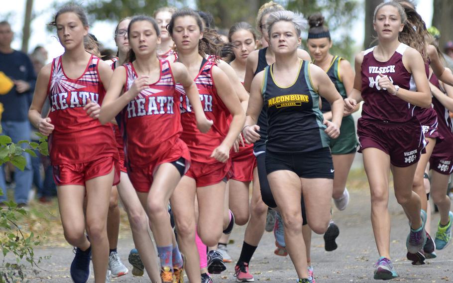 High school runners from Lakenheath, Alconbury, Vilseck and Spangdahlem begin a 5-kilometer race during a cross country meet at RAF Lakenheath, England, Saturday, Oct. 13, 2018. The Lancers earned the top three finishing times with Hollie Myers at 21 minutes, 34 seconds, Annie Roundy at 22:10 and Jenna Bills at 22:56. 
