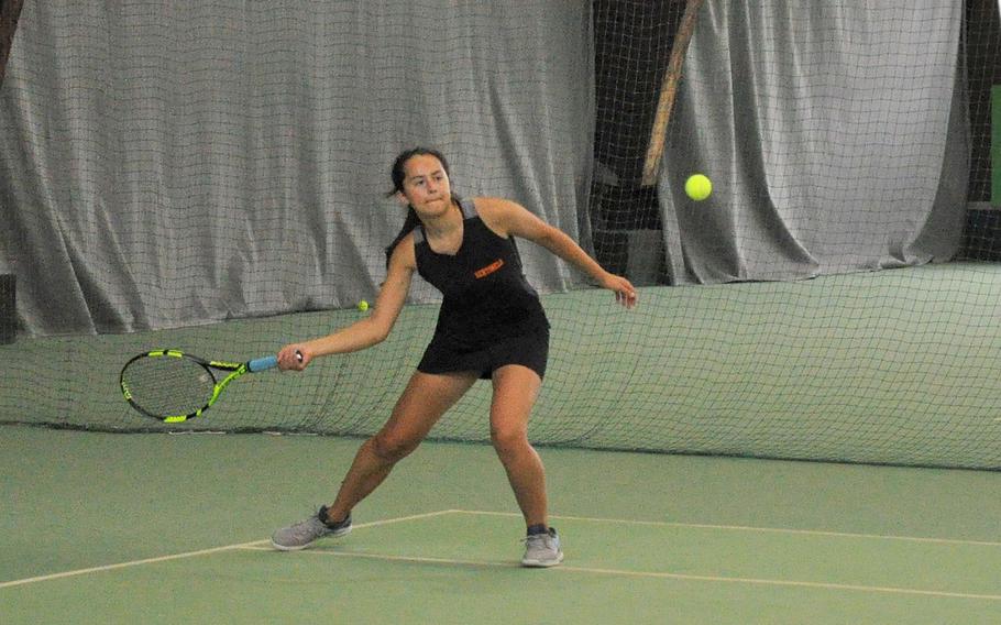 Spangdahlem's Emilia Lenz prepares to hit a volley in a preliminary girls singles match of the 2018 DODEA-Europe tennis tournament Thursday at Vitis Tennis Center in Wiesbaden, Germany. Marymount's Priscilla Ago defeated Lenz 6-2, 6-1. 